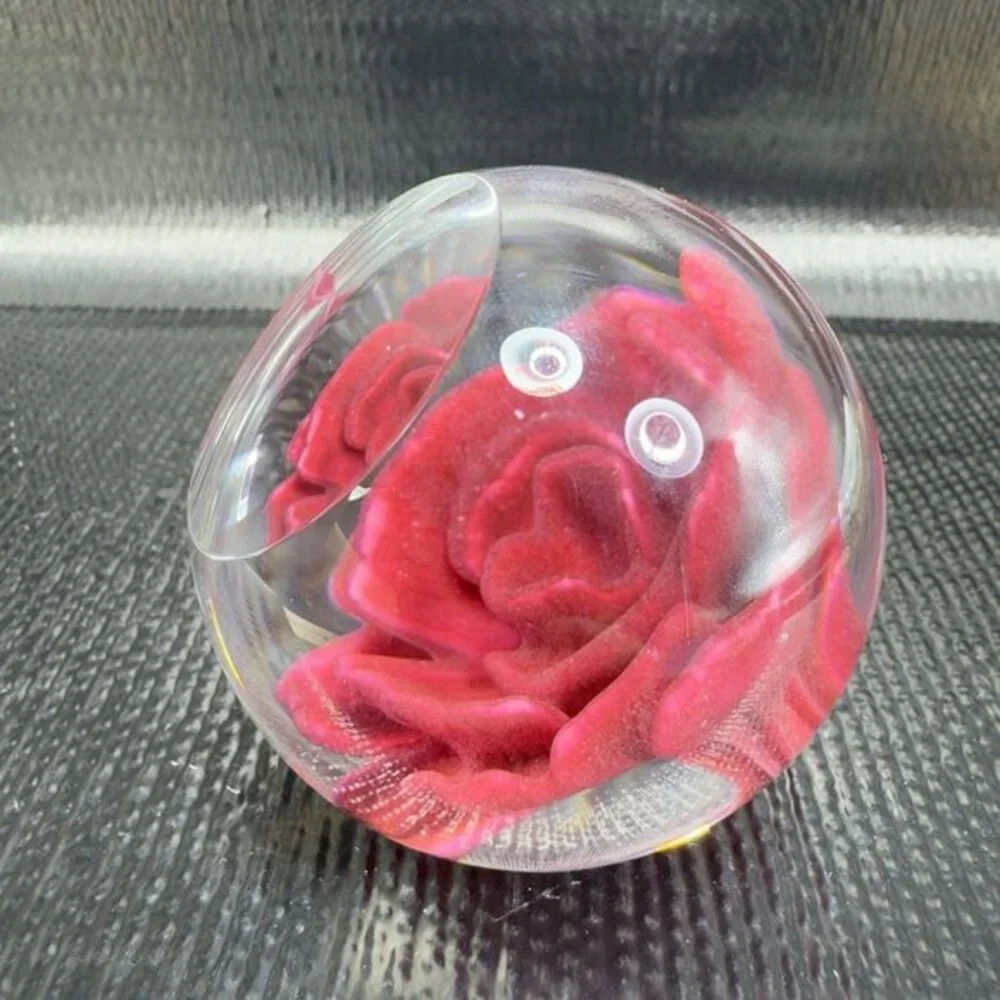 1995 GES Glass Paperweight Red Rose Flower Faceted Signed Don Juan Vintage Decor